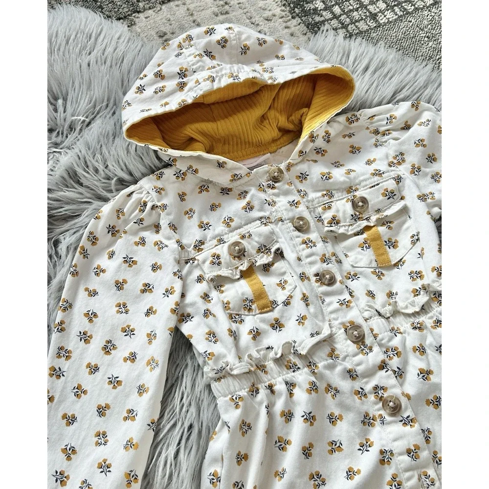 Little Lass Girls Cream And mustard Yellow Floral Hooded‎ Jacket Size 6